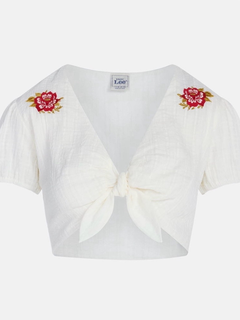 Kacey Lee Cream Tie-Front Cropped Top with Red Floral Shoulder Embroidery